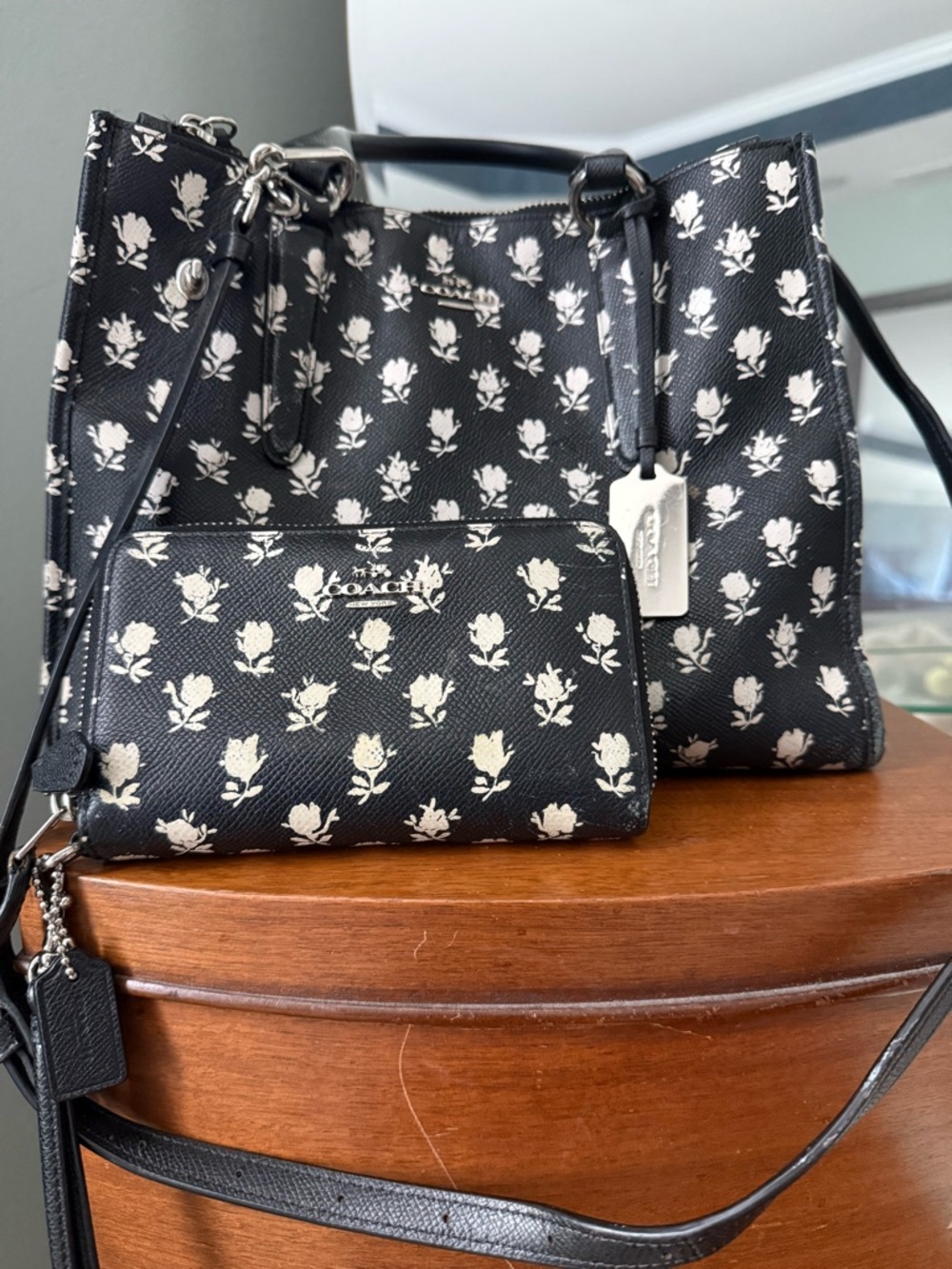 Coach Black and White Floral Print Tote